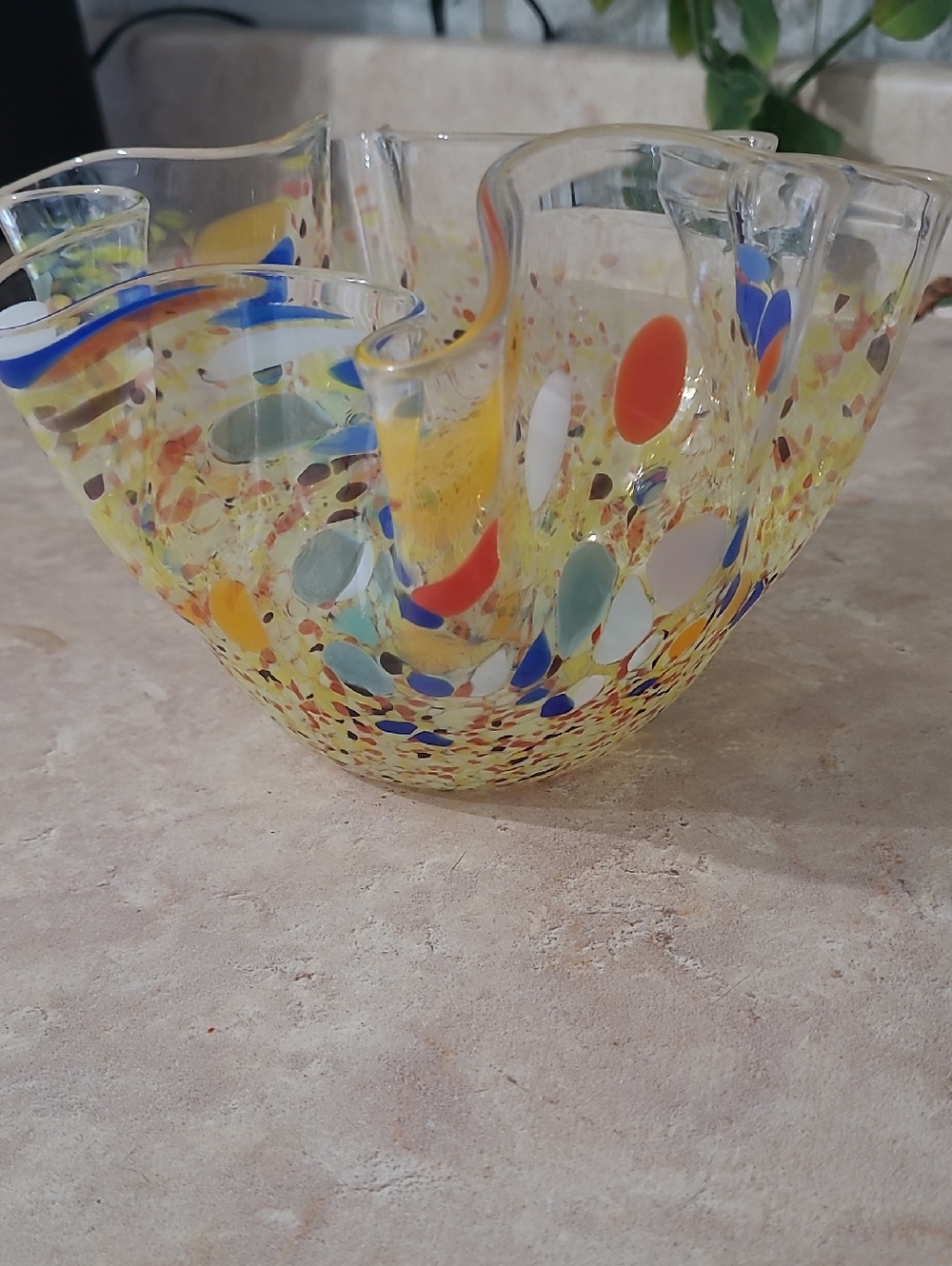 Vintage Hand Blown Confetti Art Glass Ruffled Bowl / Vase – Murano Style 🌈✨